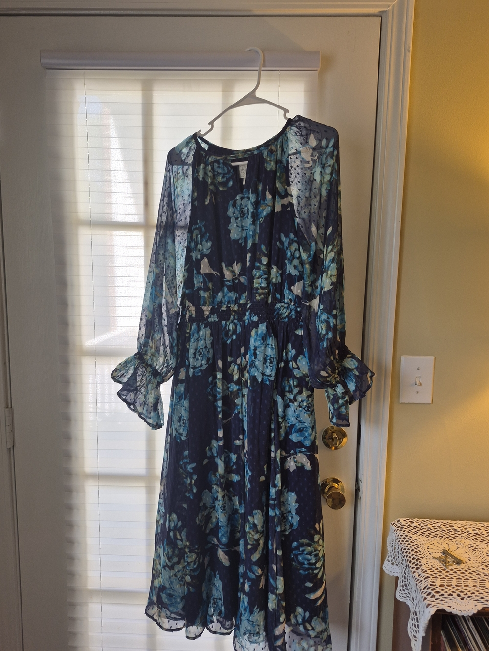 Navy Floral Midi Dress with Ruffled Long Sleeves